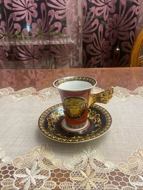 Versace Red and Gold Porcelain Espresso Cup with Winged Handle